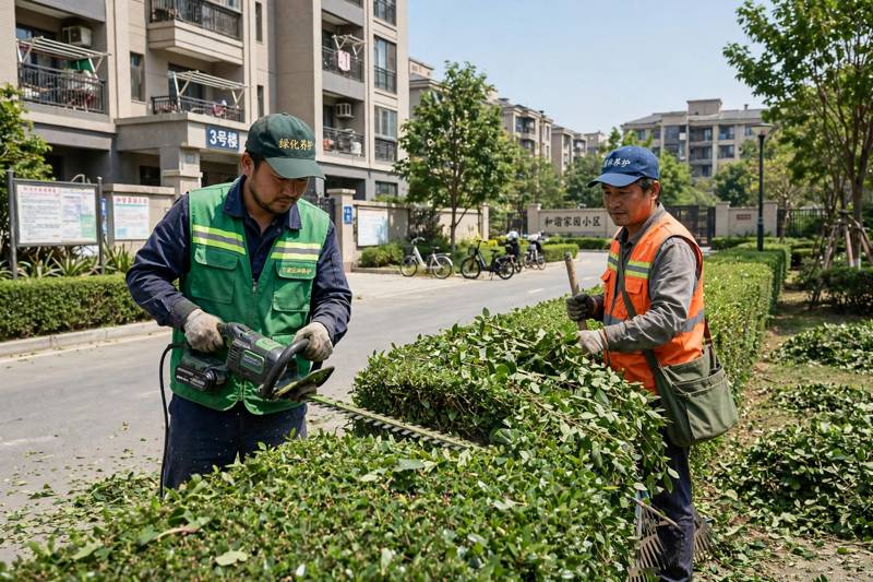 绿化养护工人修剪小区绿篱