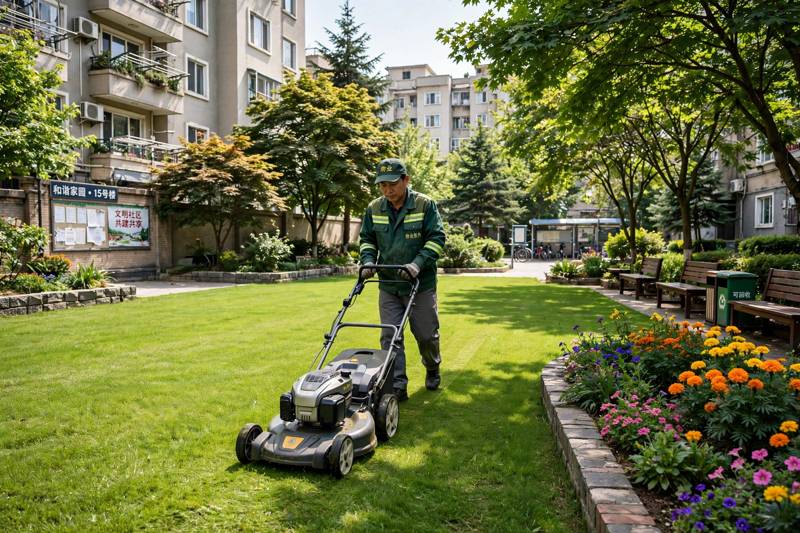 小区草坪养护修剪现场